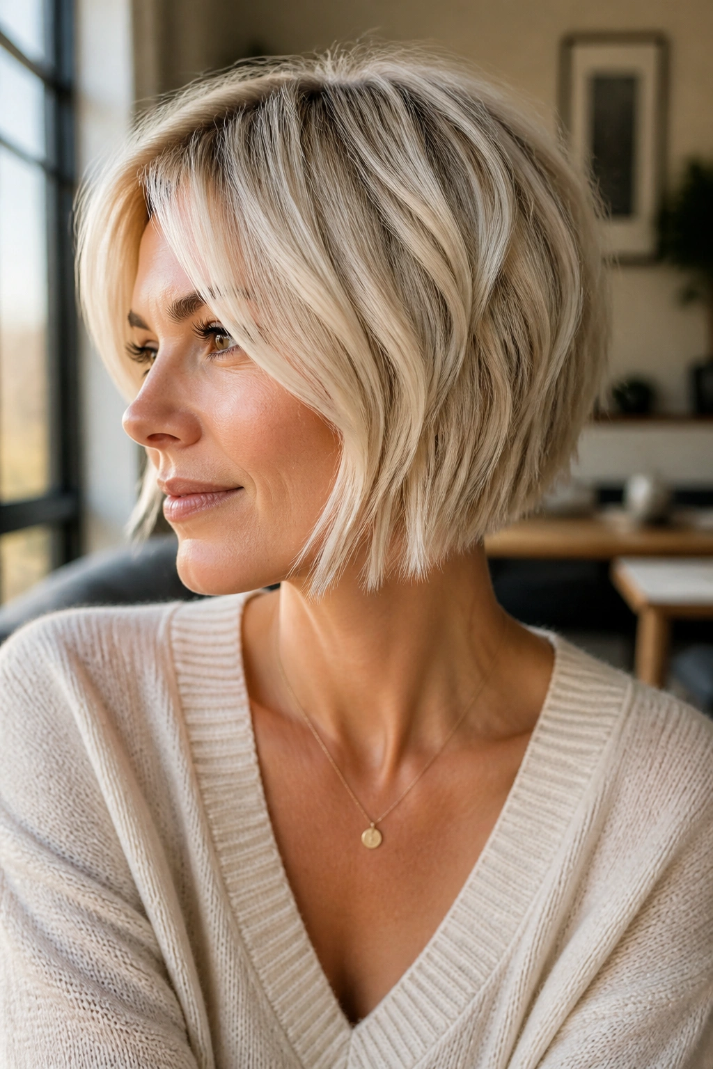 Close-up of a real woman with a choppy bob showing internal texture and lift