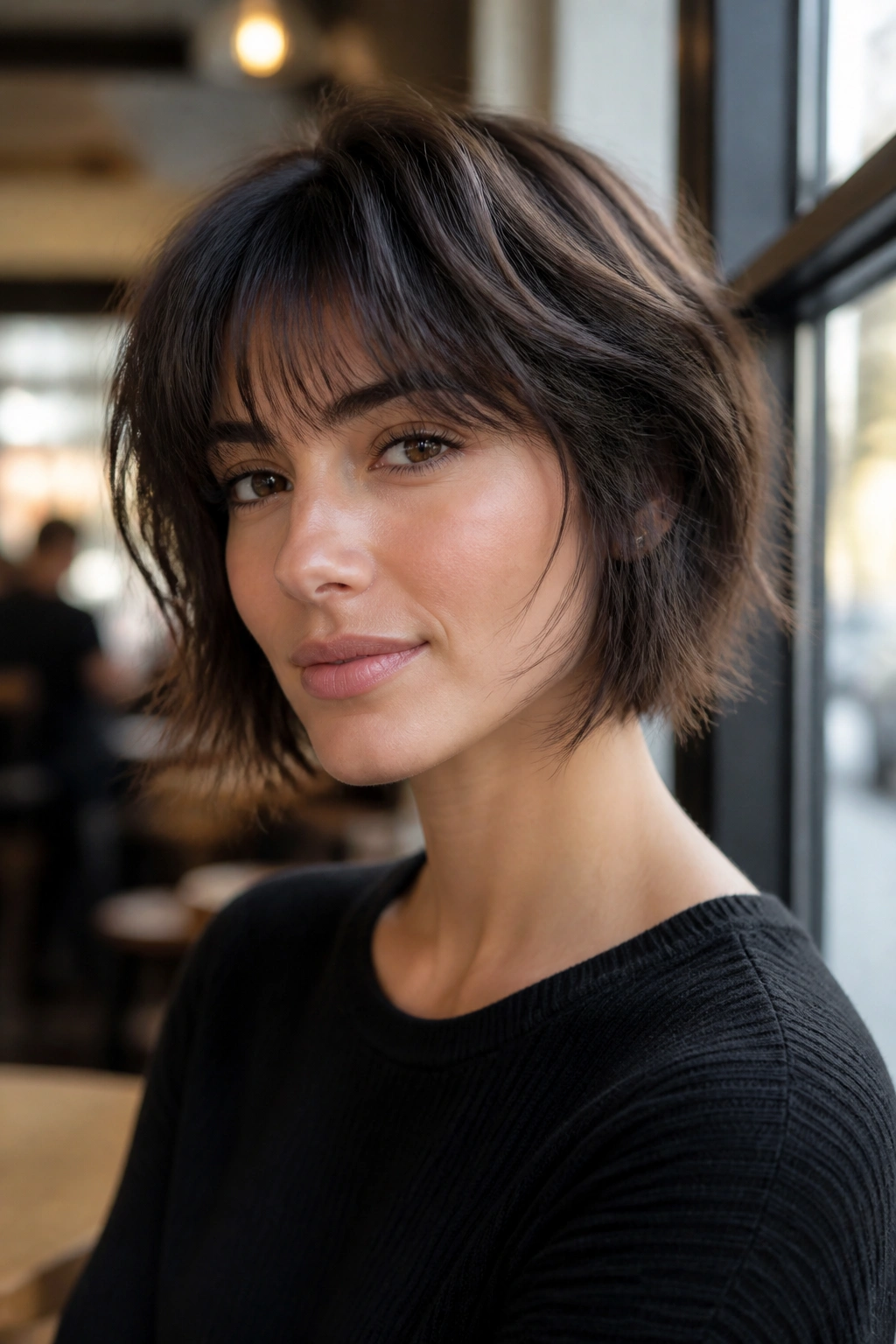 Close-up of real woman with choppy bob and wispy fringe in cafe
