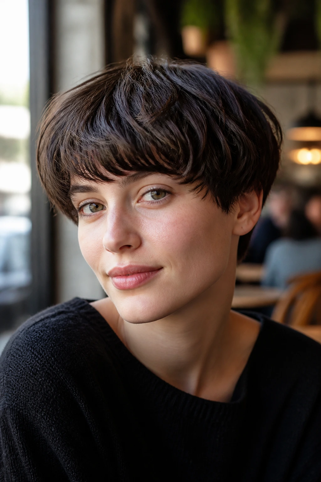 Close-up of a real person with a choppy bowl cut on wavy hair.