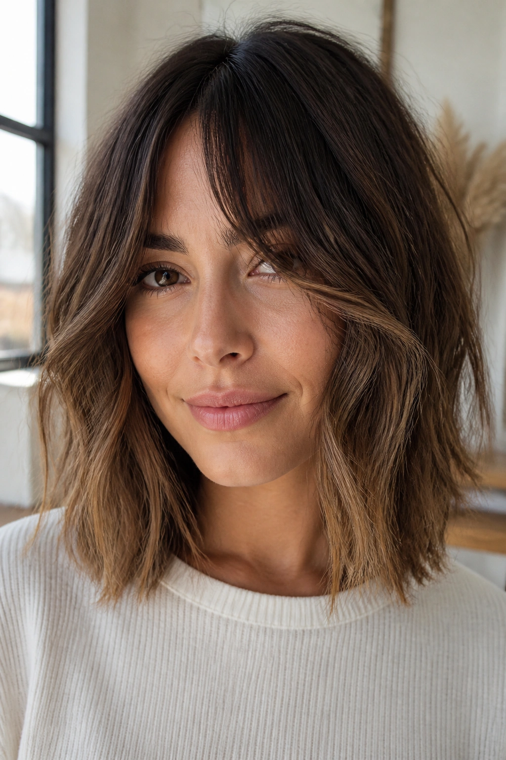 Portrait of a woman with choppy shoulder-length brown ombre and curtain fringe
