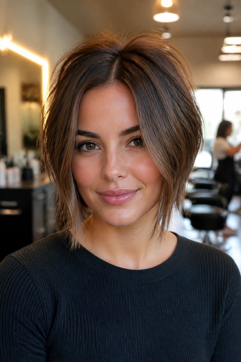 Close-up of a real woman with a choppy center-part bob and crown lift in a salon
