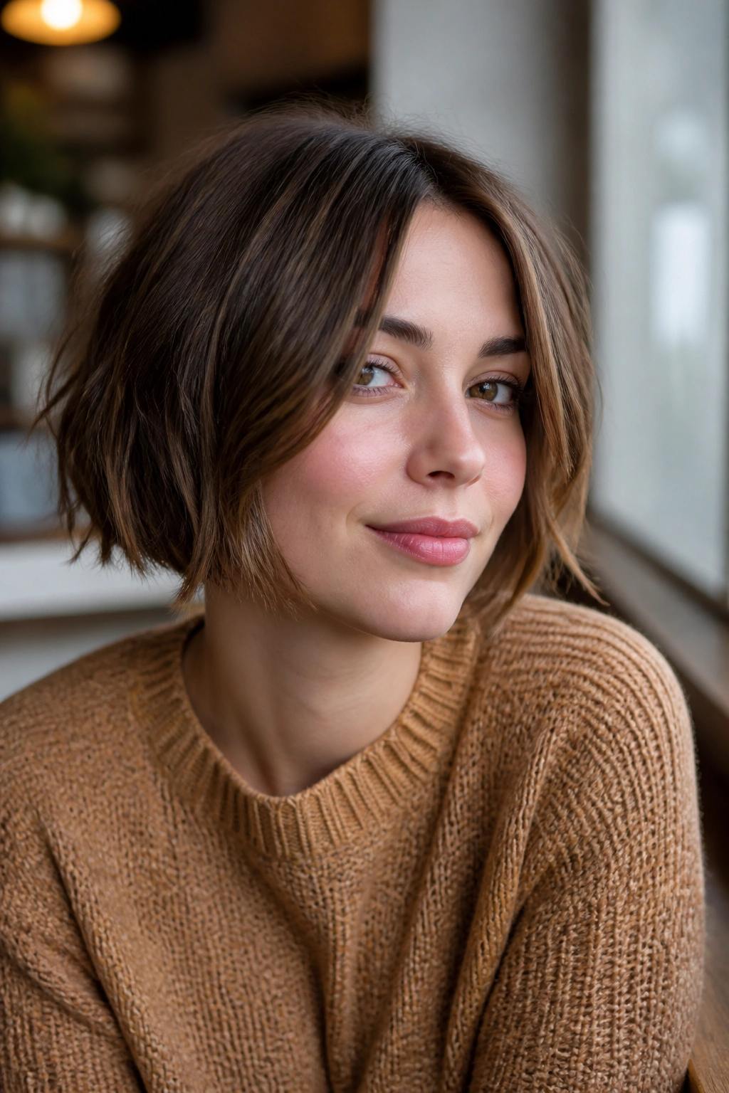 Close-up portrait of a woman with a choppy chin-length bob in a cafe setting