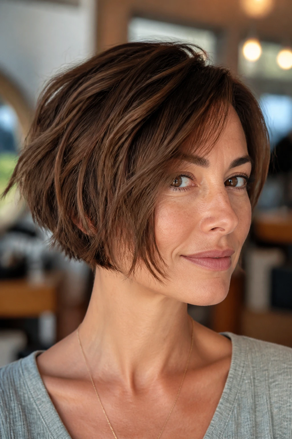 Close-up of a real person with a choppy chin-length crop showing textured ends