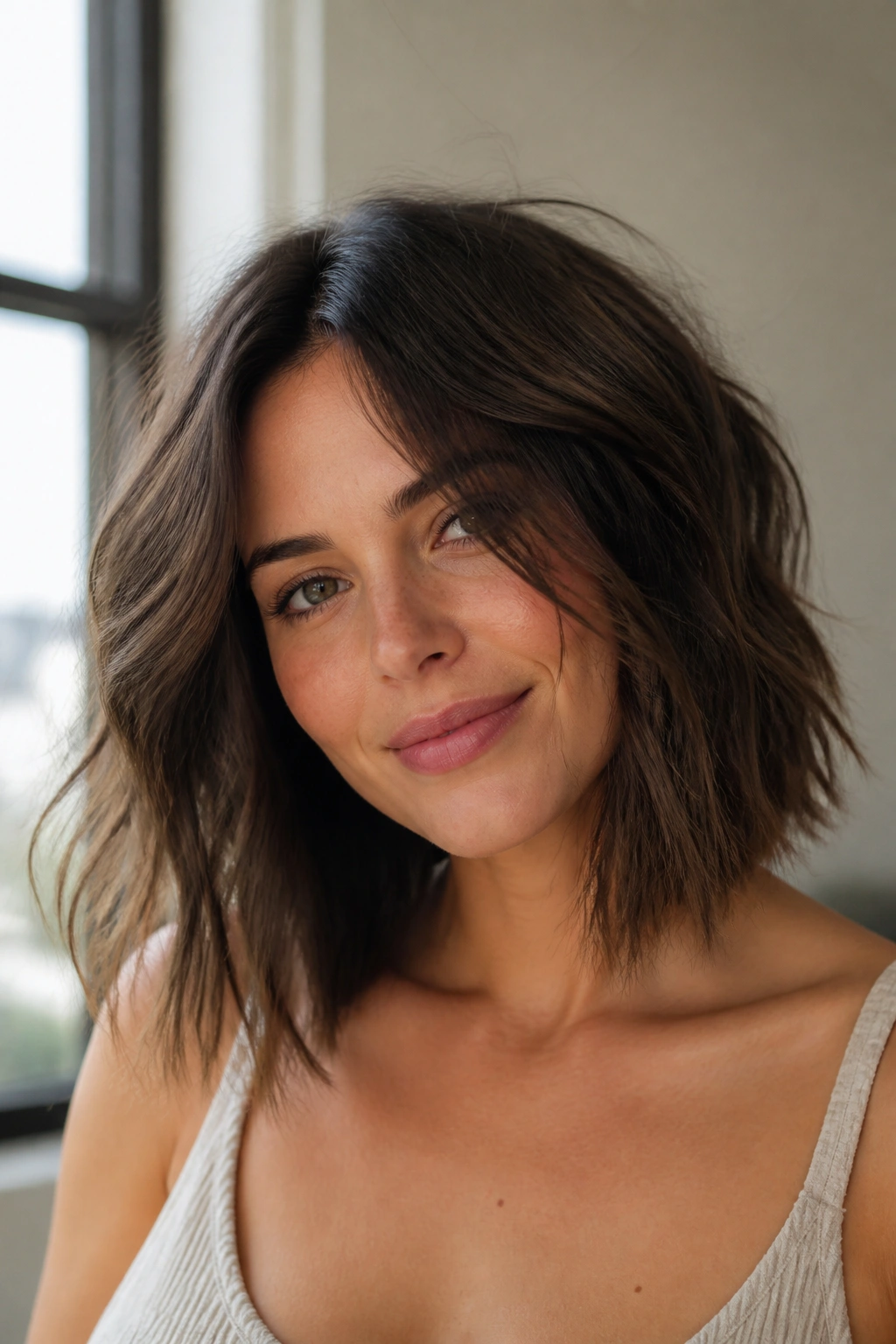 Portrait of a woman with a choppy collarbone cut and broken texture.