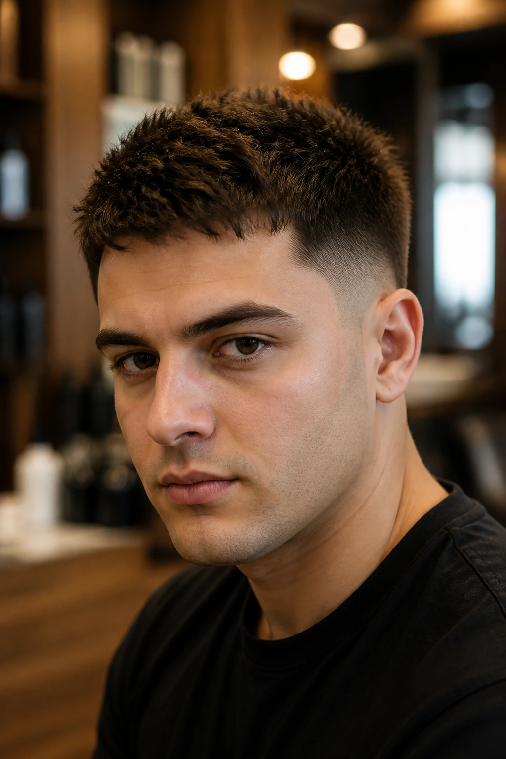 Close-up portrait of a man with a choppy crew cut and tapered sides in a barbershop.
