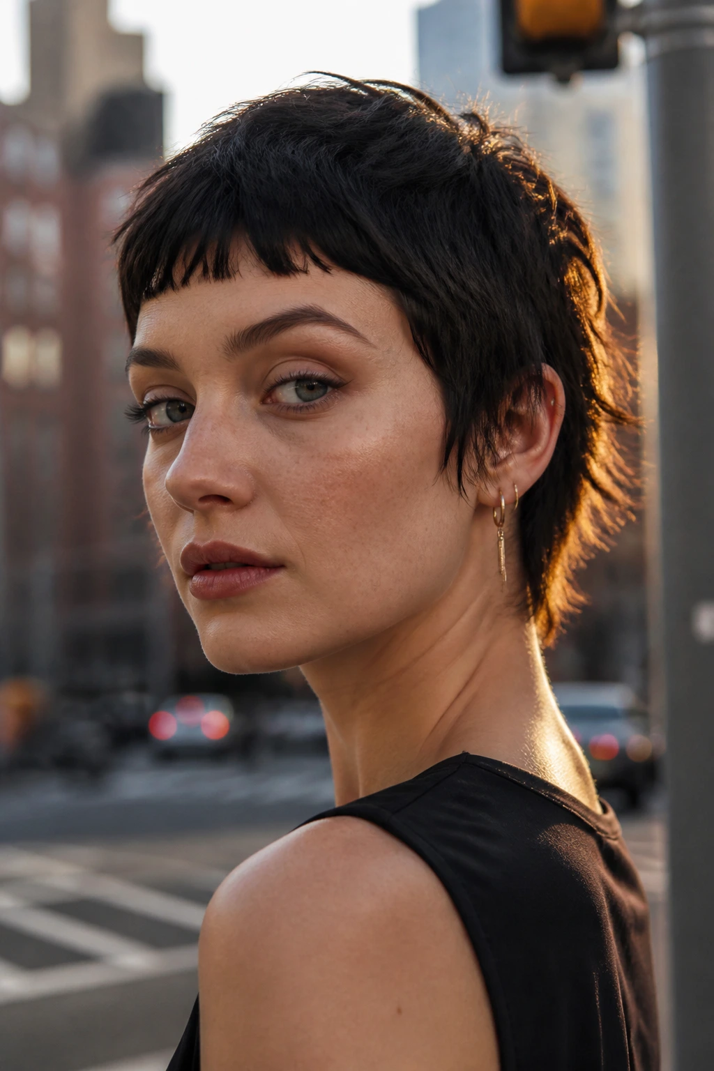 Real person with choppy crop and baby bangs in urban evening light.