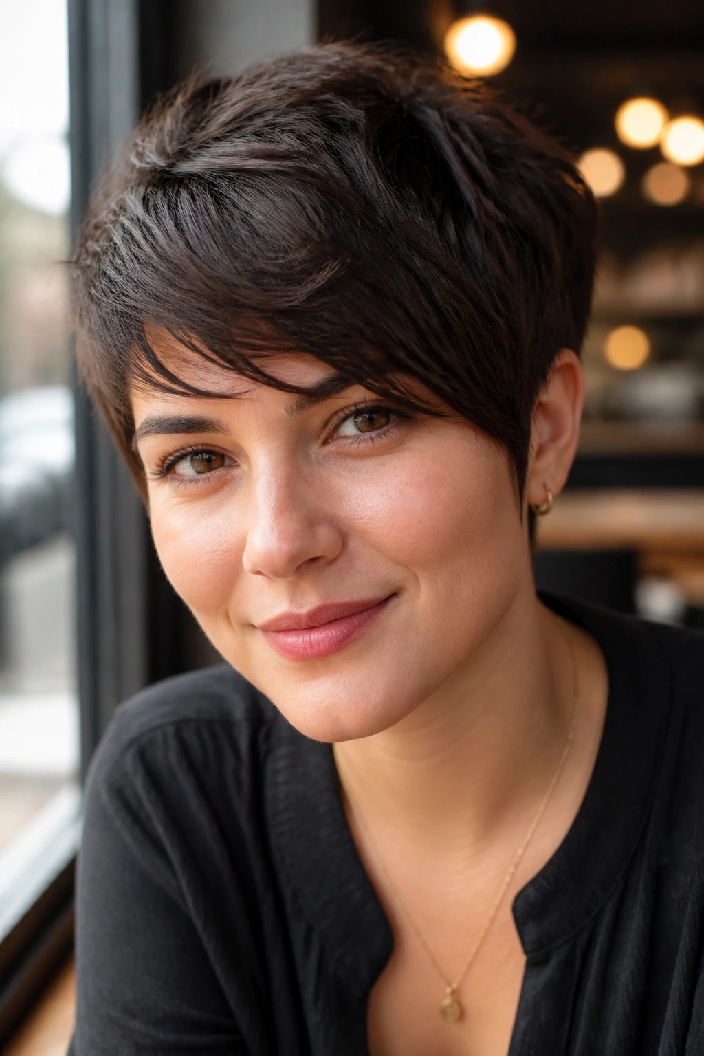 Close-up of a real woman with a choppy crop and side-swept bangs