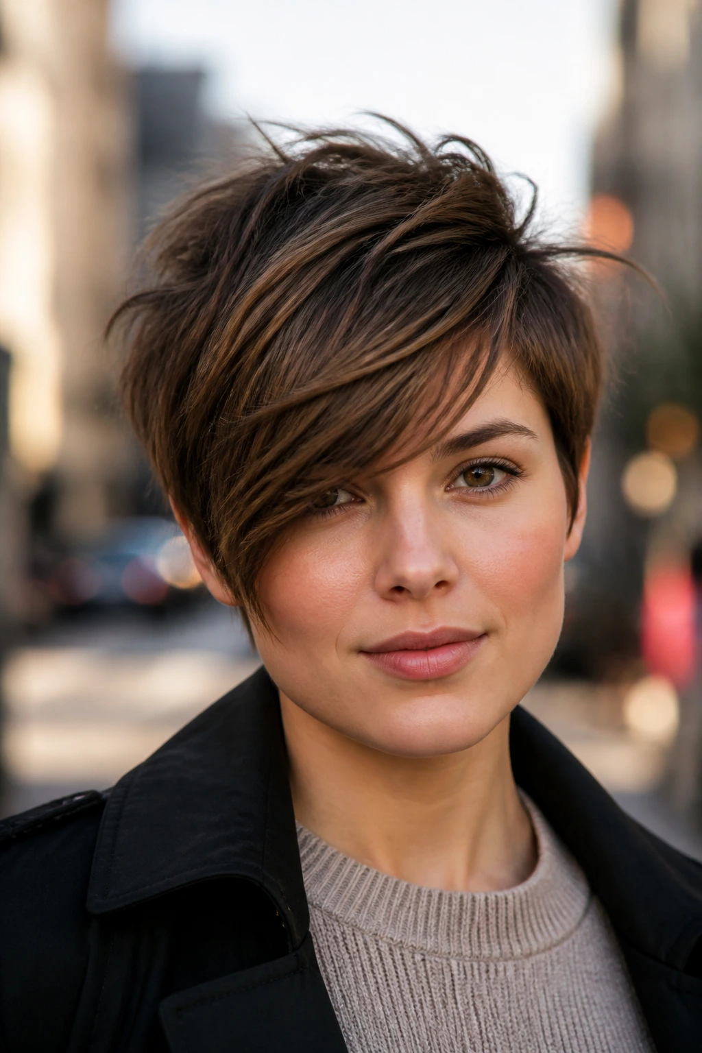 Close-up of a real woman with a choppy crop and long fringe on a city street