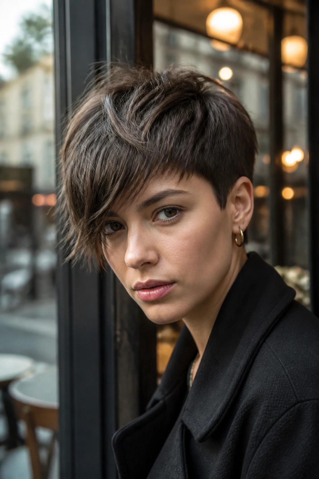 Portrait of a person with a short choppy crop and long diagonal fringe.