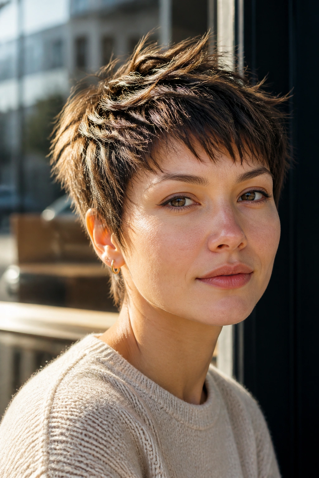 Close-up of a person with a choppy crop and piecey ends showing lifted temple pieces.