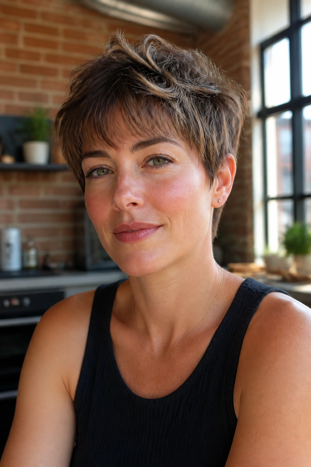 Close-up portrait of a real woman with a choppy crop and piecey layers