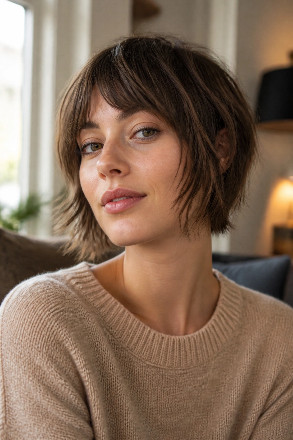 Close-up of a real woman with a choppy crop hairstyle emphasizing textured ends