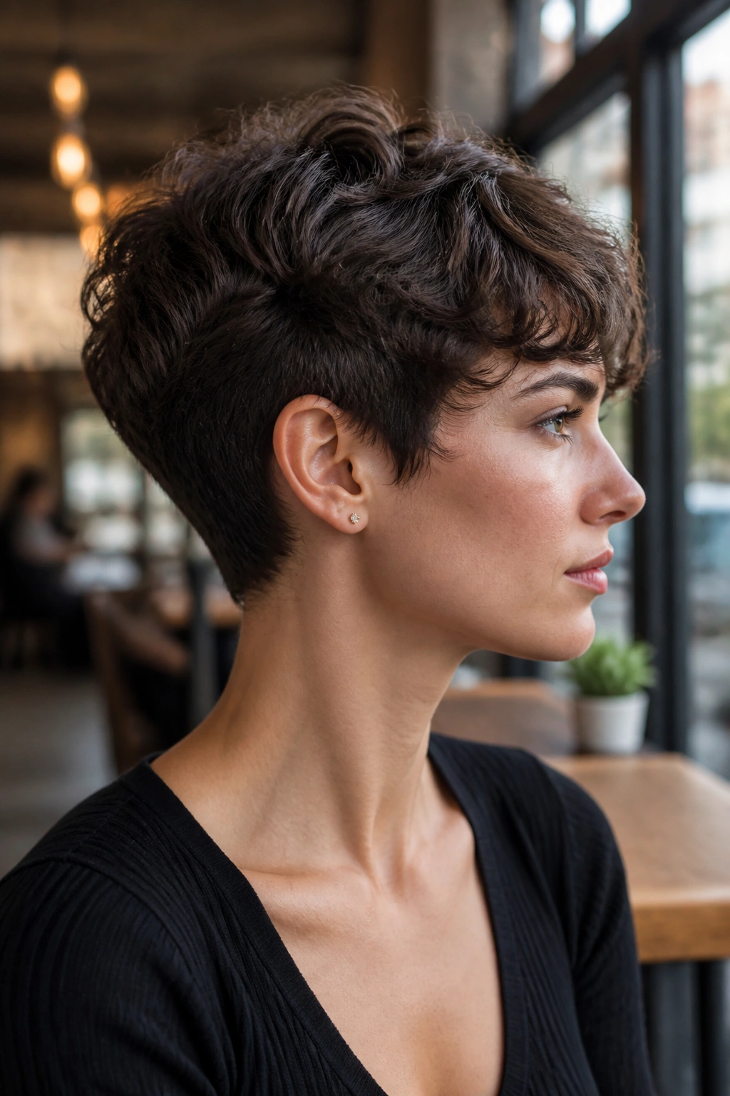 Close-up of a real person with a choppy crop and tapered nape.