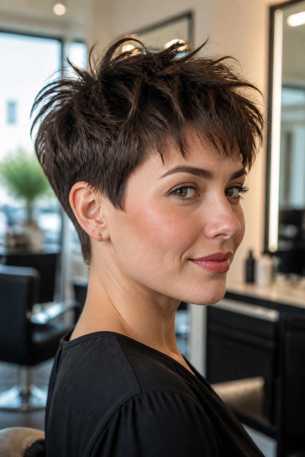 Close-up portrait of a real person with choppy crop and tapered nape
