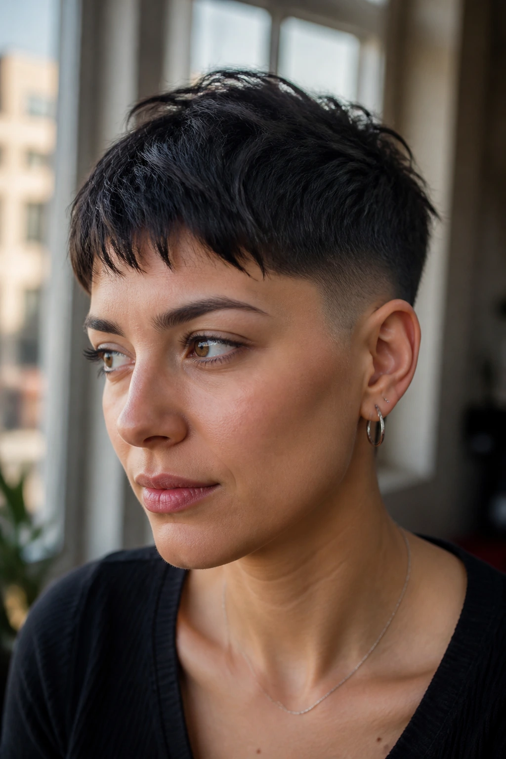 Portrait of real person with choppy crop and temple fade in natural light