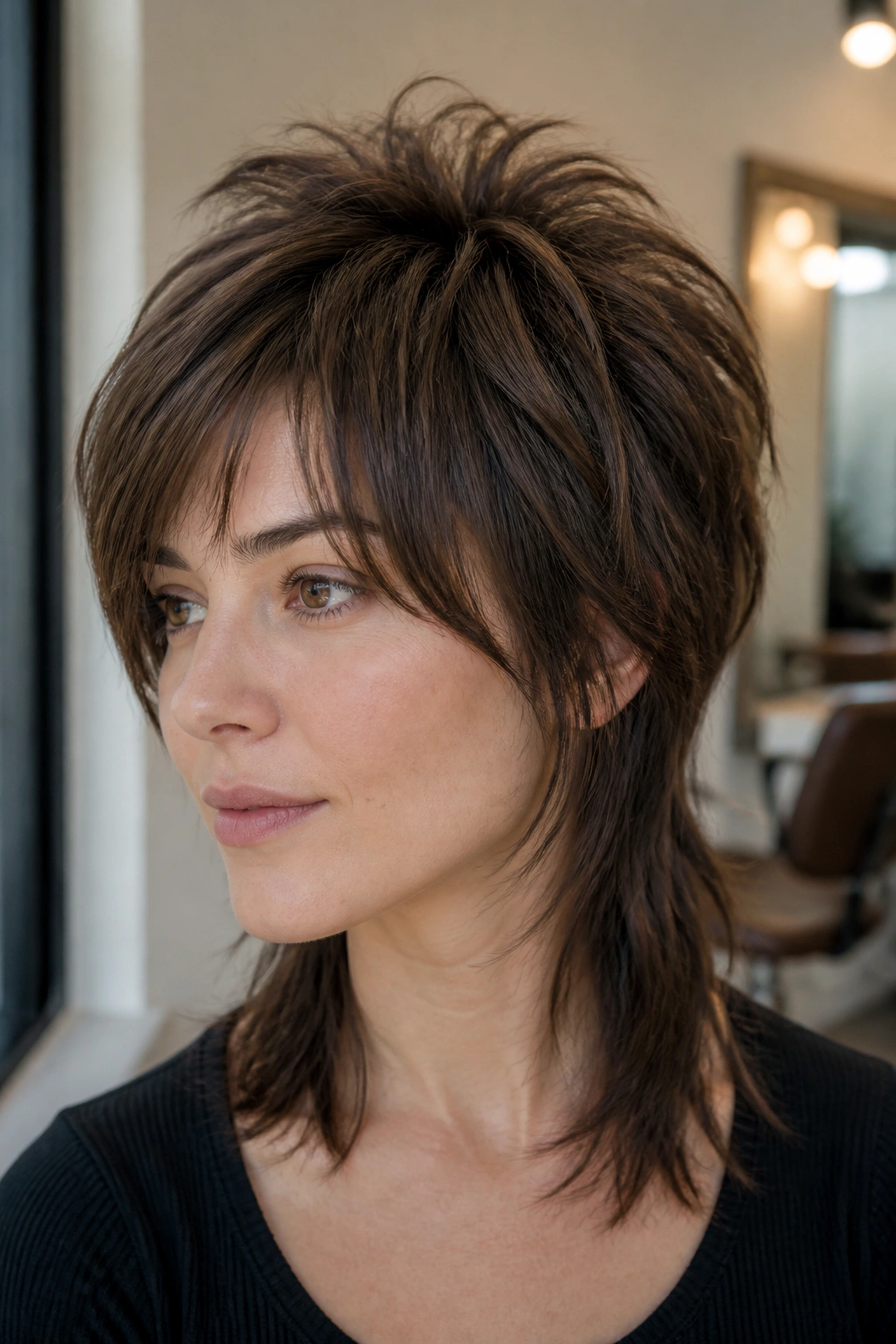 Close-up portrait of a real woman with a choppy crown-lift wolf cut