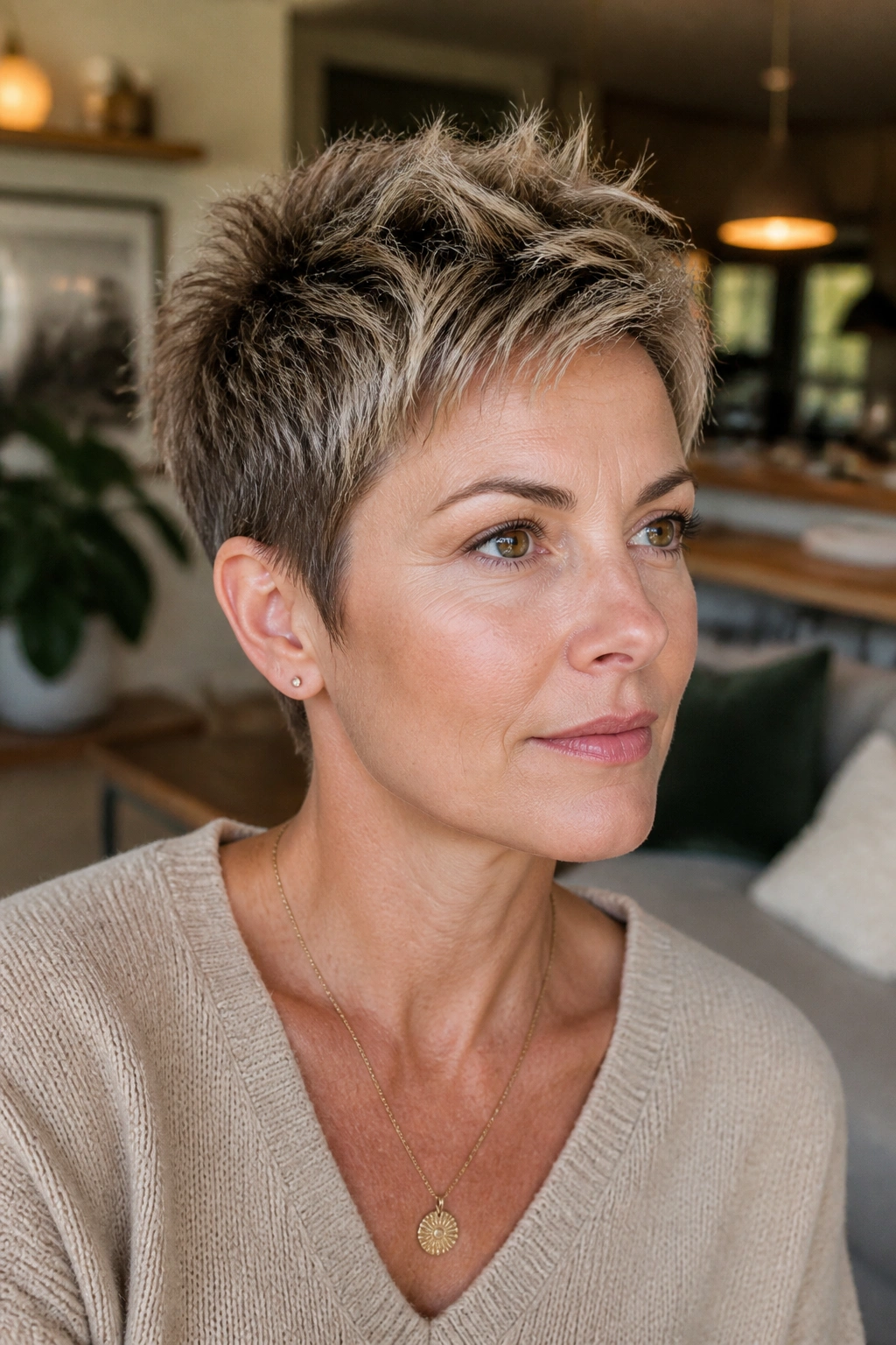 Portrait of a real woman with a choppy crown pixie and textured crown