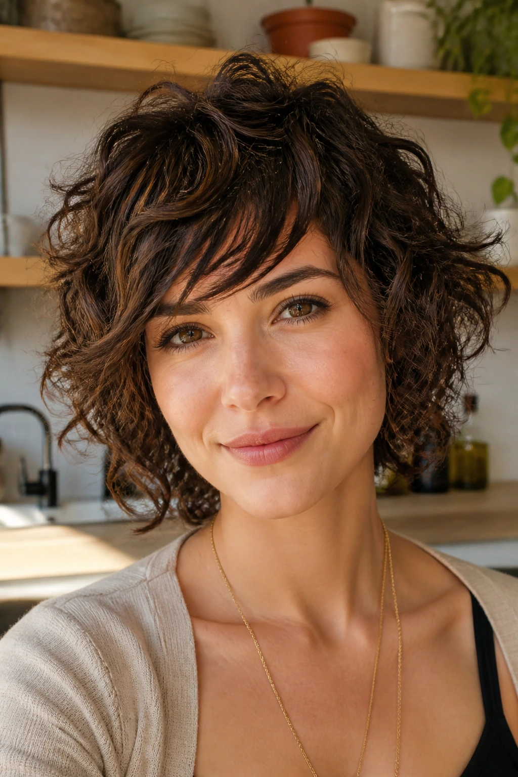 Real person with choppy curls and side bangs