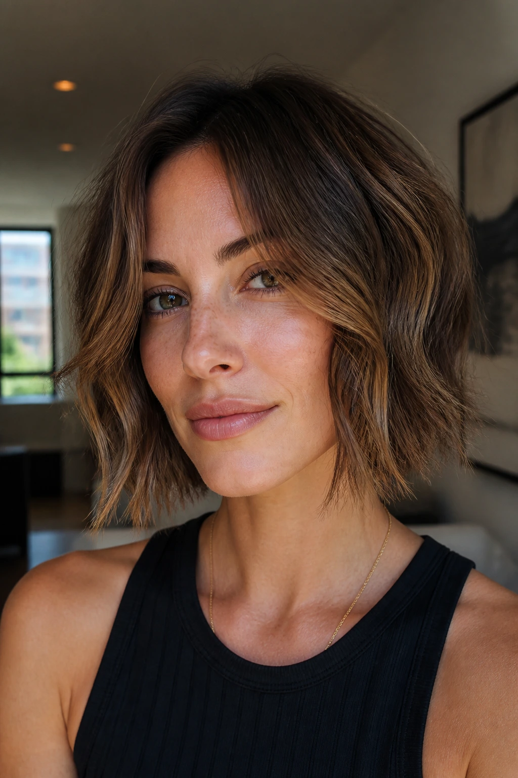 Close-up of a real woman with a choppy curtain bob ends