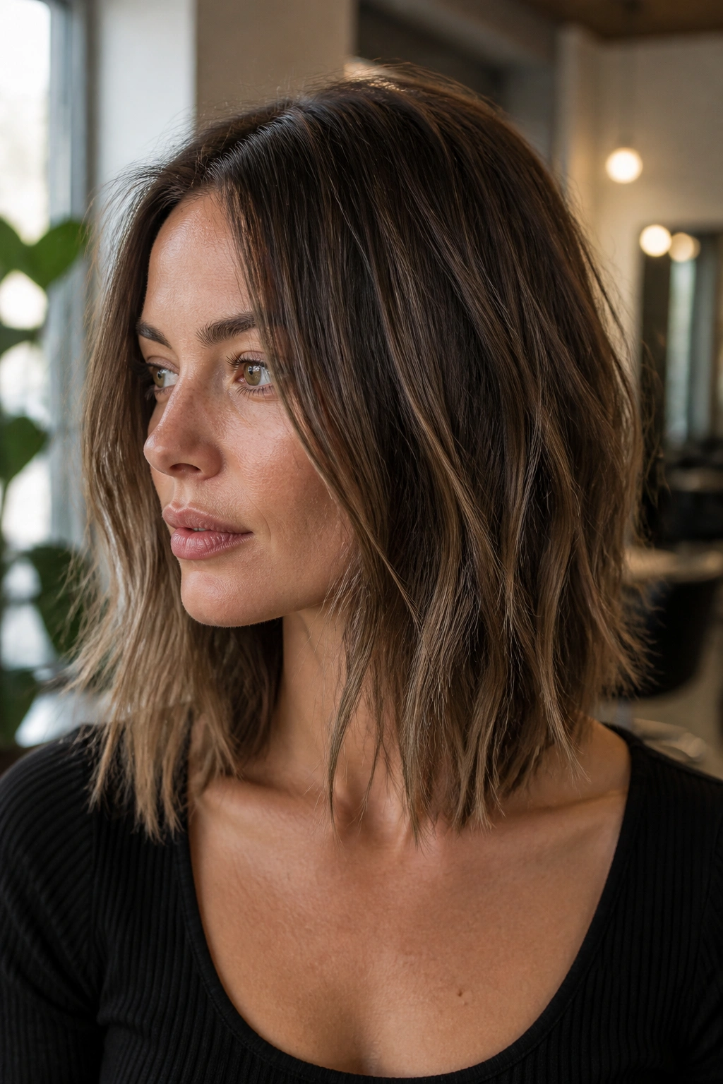 Close-up portrait of a real woman with textured choppy ends on a straight lob in a warm salon setting