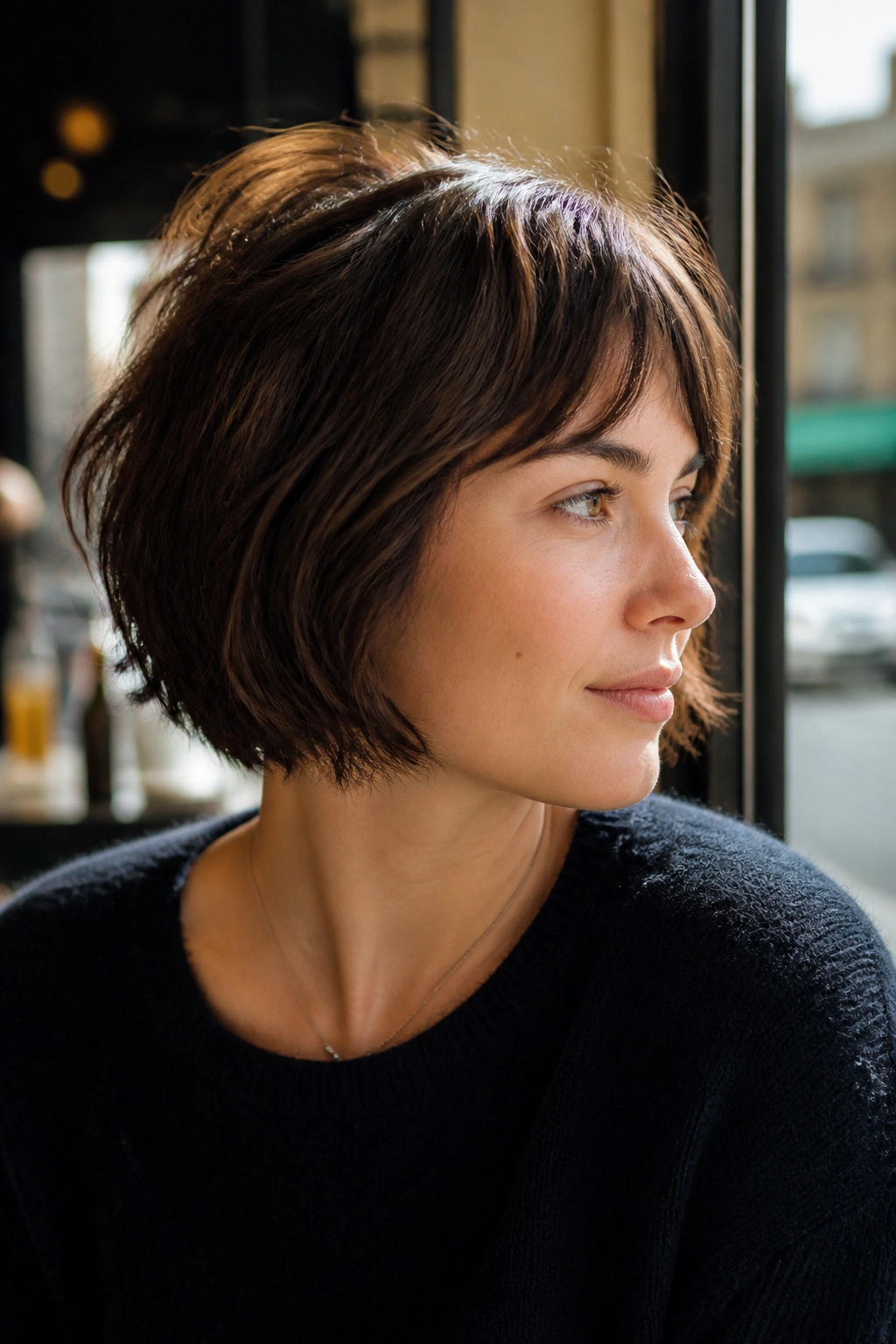 Close-up of a real woman with a choppy French bob in window light
