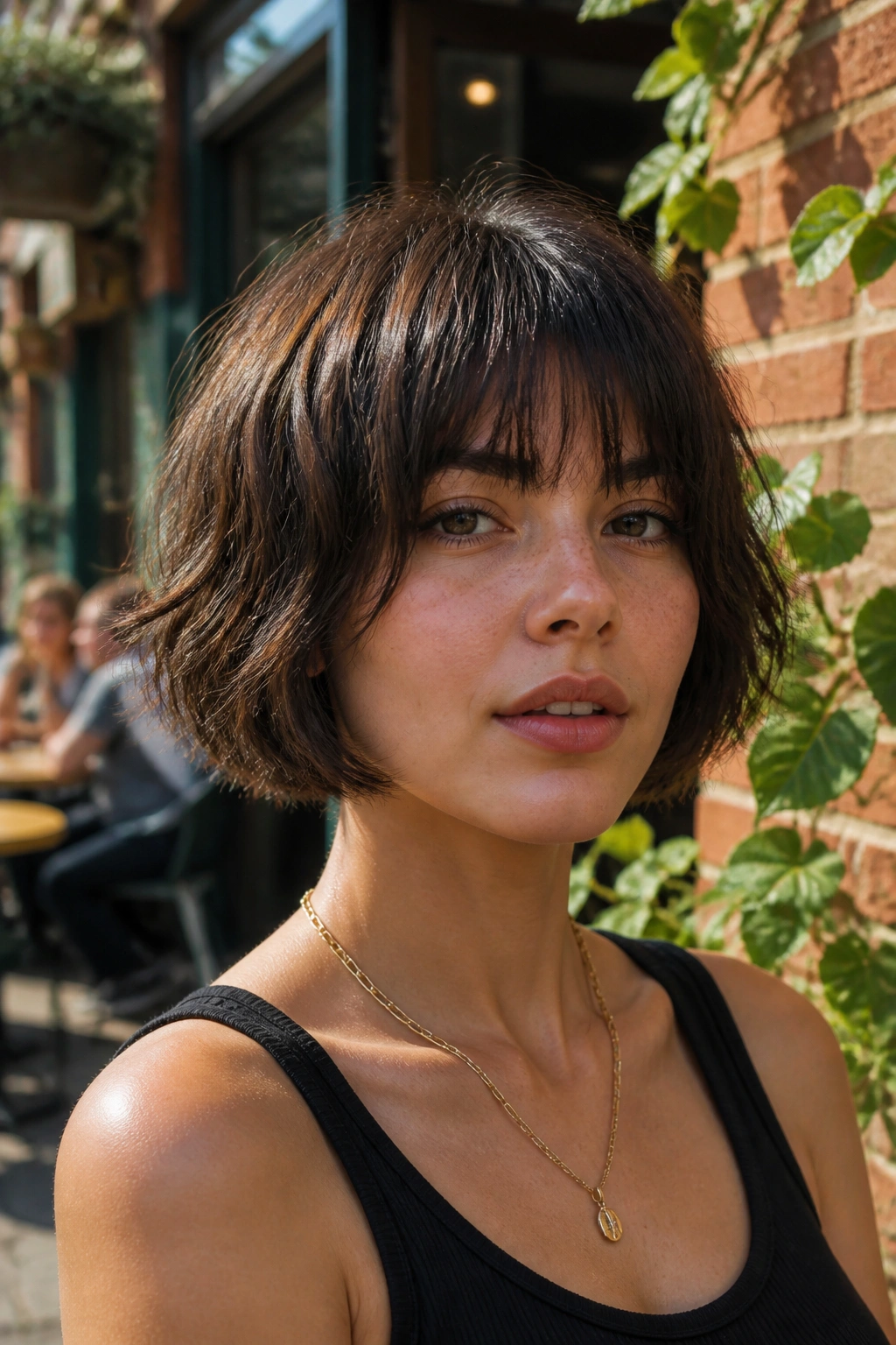 Real woman with choppy French bob and fractured ends