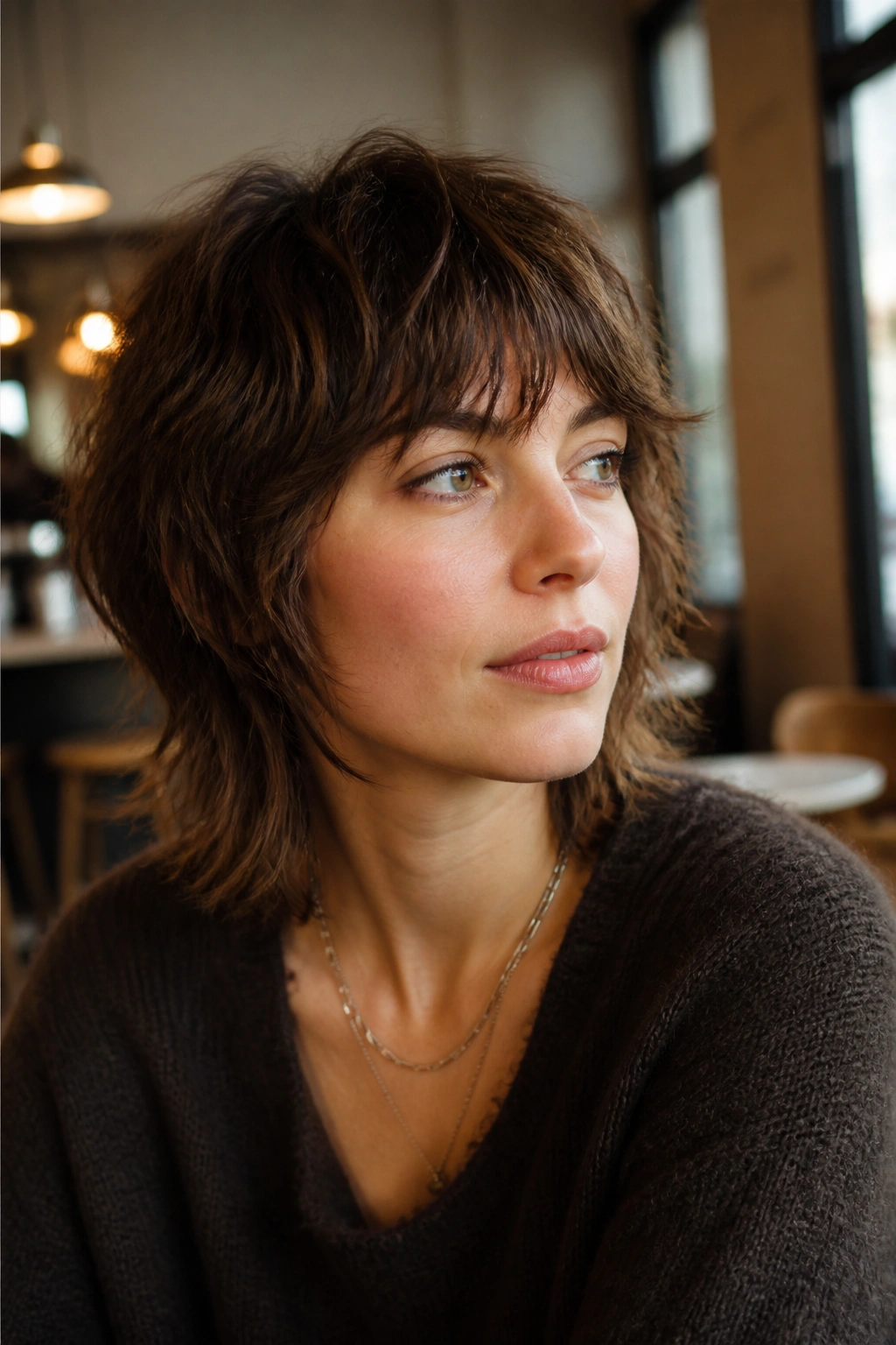 Portrait of a woman with choppy French shag and airy fringe.