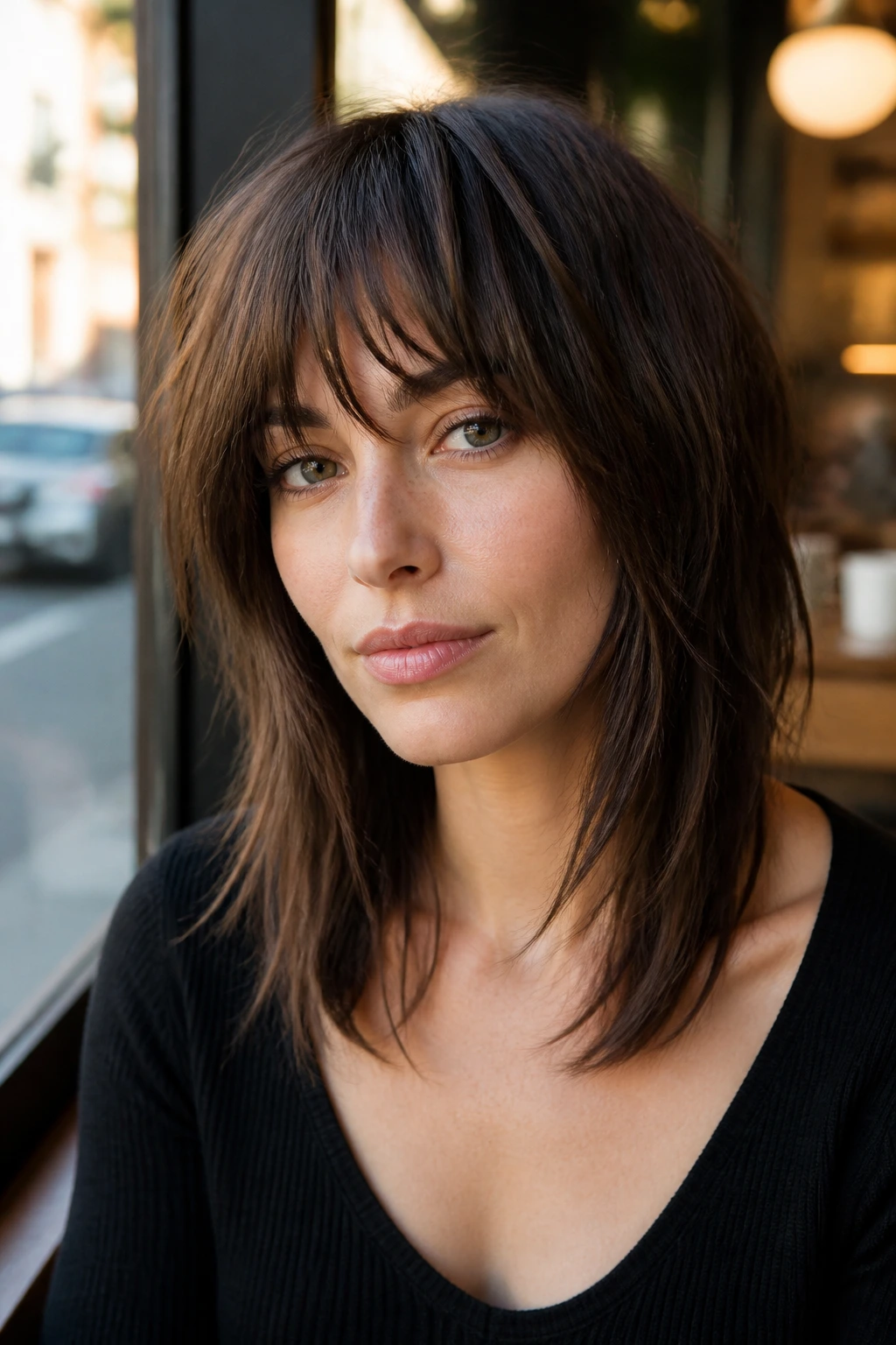 Close-up of a real woman with choppy fringe and collarbone-length layers