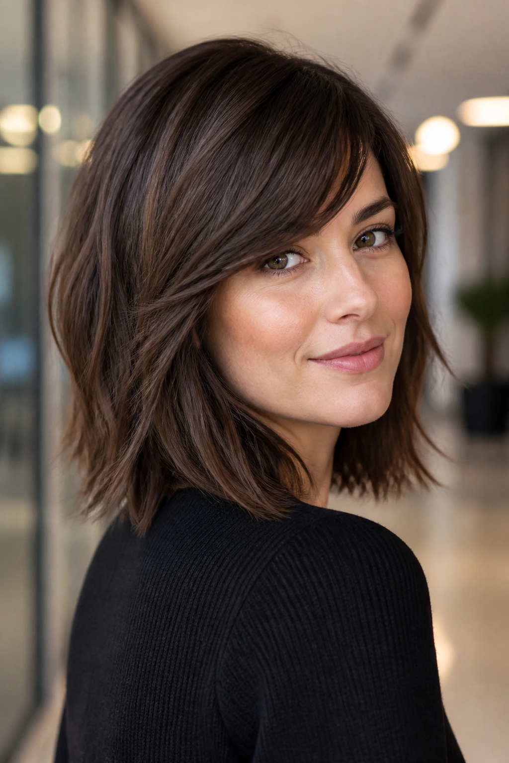 Medium close-up of real woman with choppy side bangs on a shoulder-length lob
