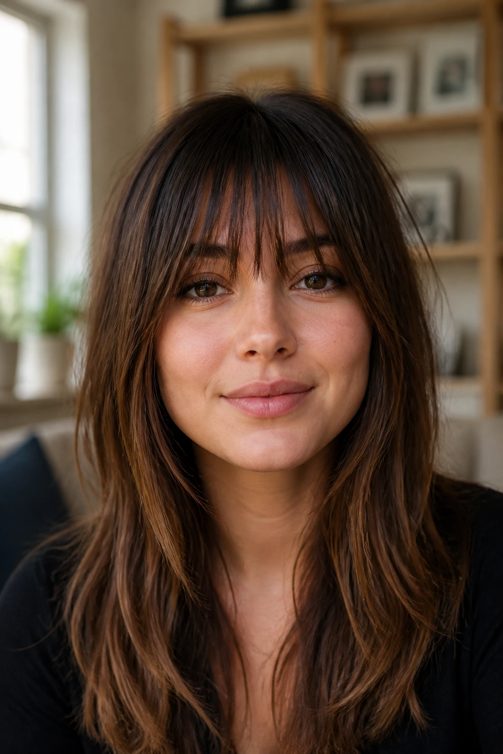 Close-up of a real woman with choppy long fringe in a softly lit living room.