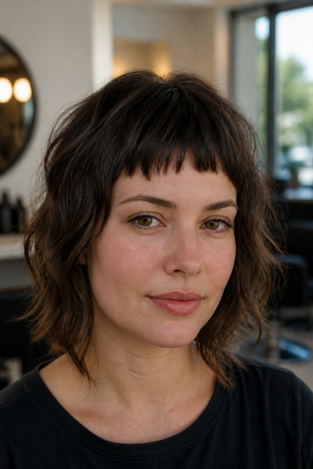 Close-up portrait of a woman with choppy micro fringe above the brows in a salon
