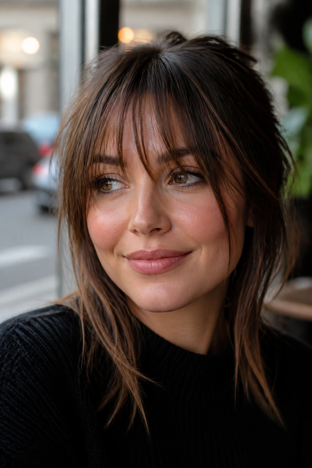 Close-up portrait of a real woman with a choppy, airy fringe.