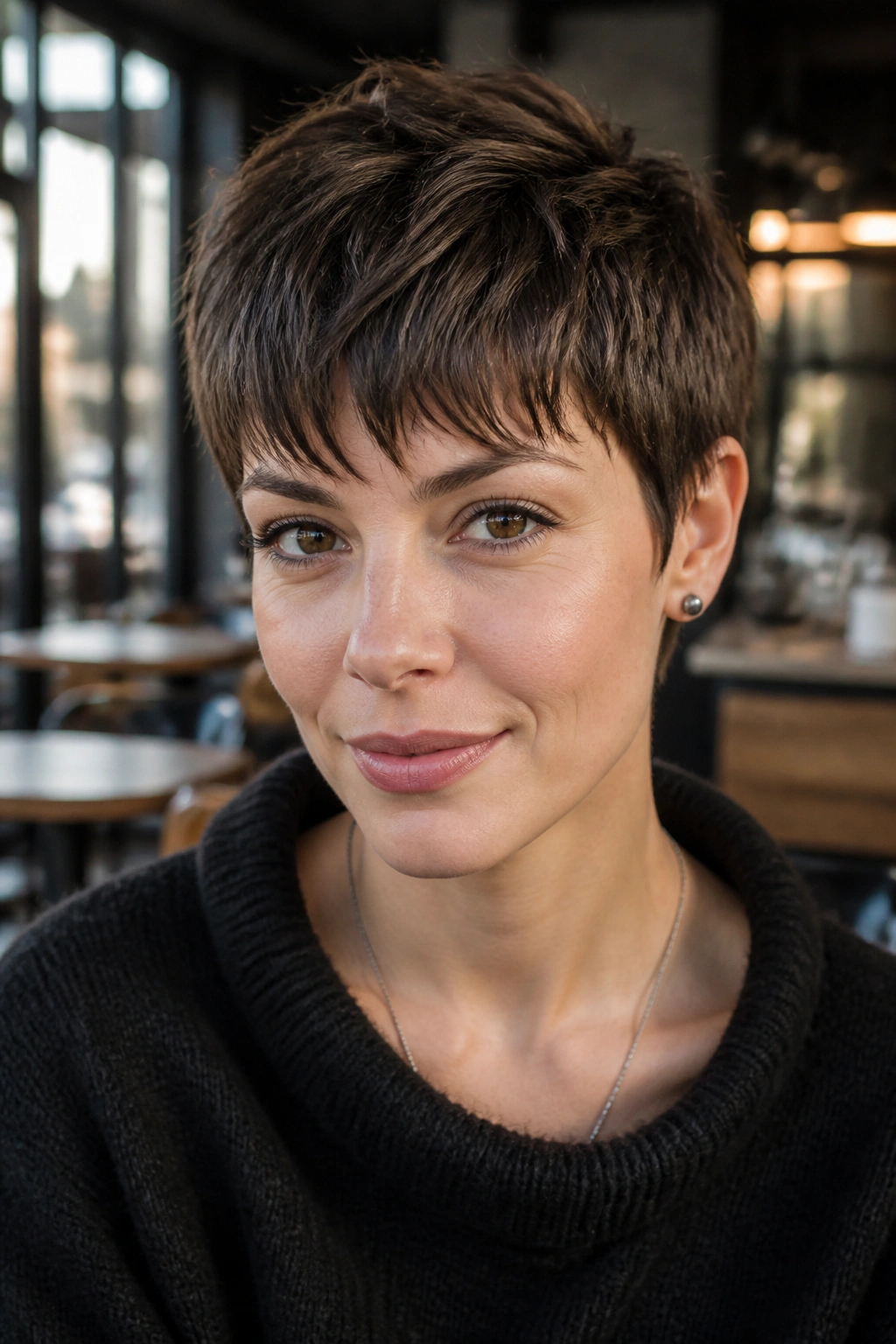 Portrait of a woman with a choppy fringe pixie in a cafe