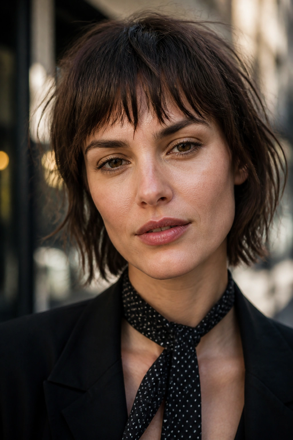 Portrait of a woman with choppy fringe in an urban daylight setting