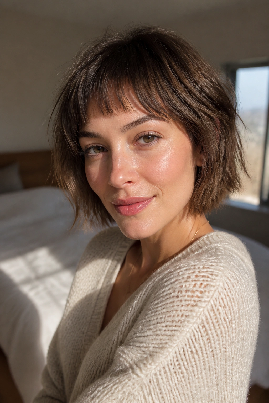 Close-up portrait of a real woman with a choppy piecey fringe in warm window light