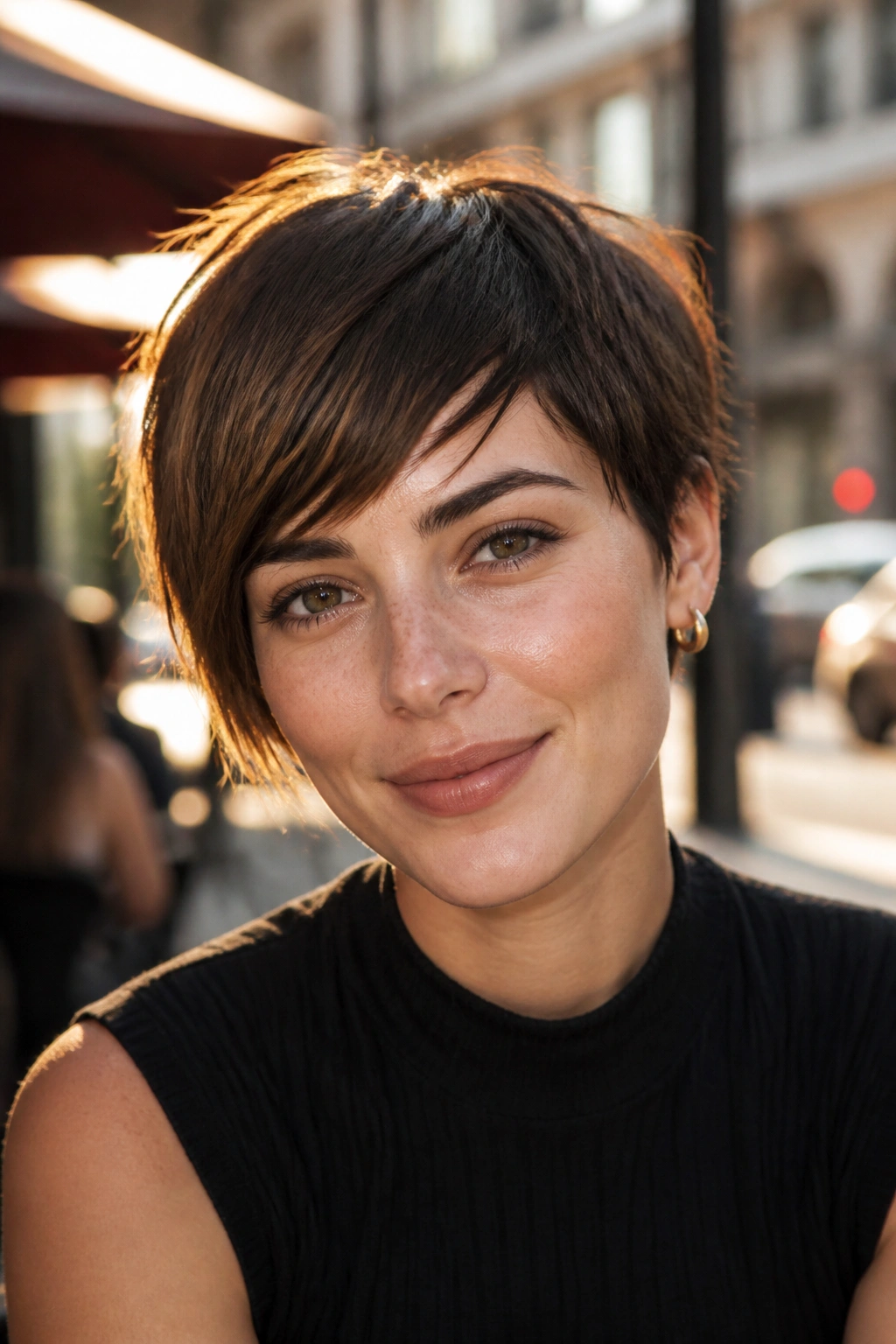Close-up portrait of a real woman with short, choppy side bangs