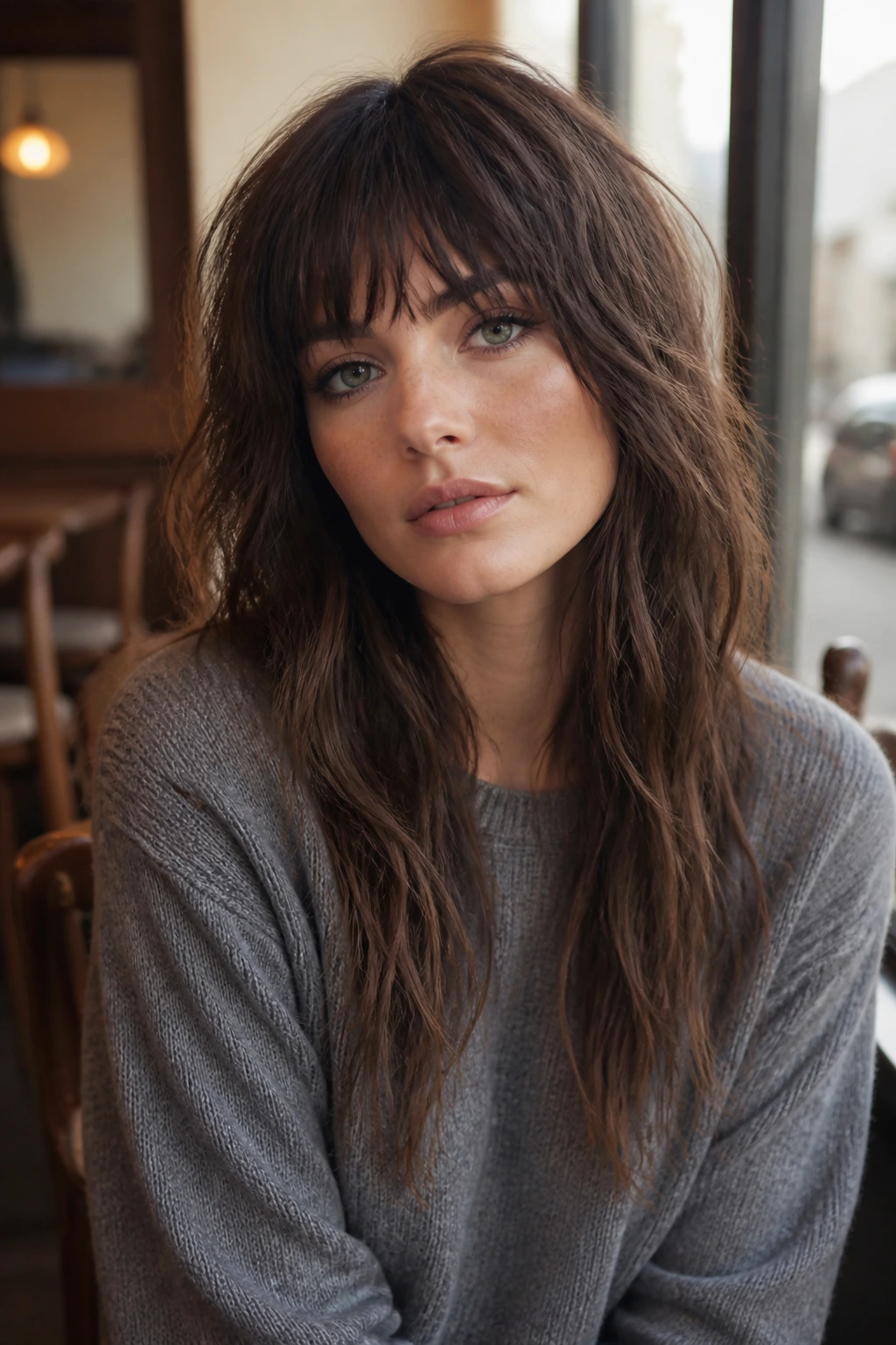 Close-up portrait of a real woman with a choppy fringe and long shag layers.