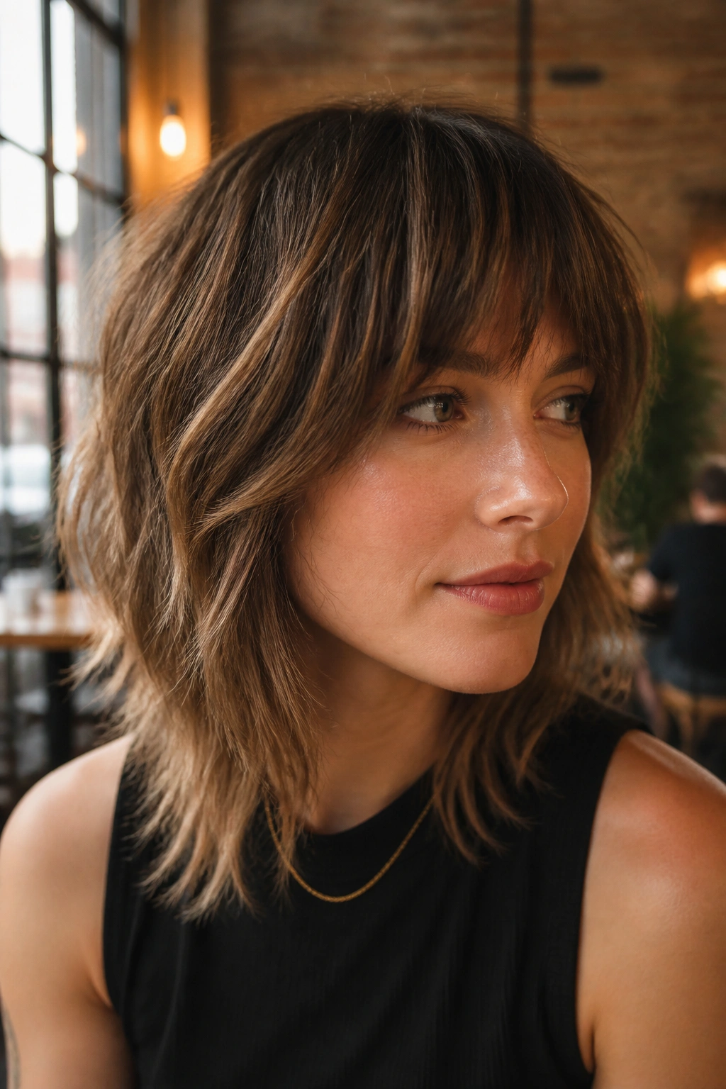 Close-up of a real woman with choppy fringe shag and merged layers