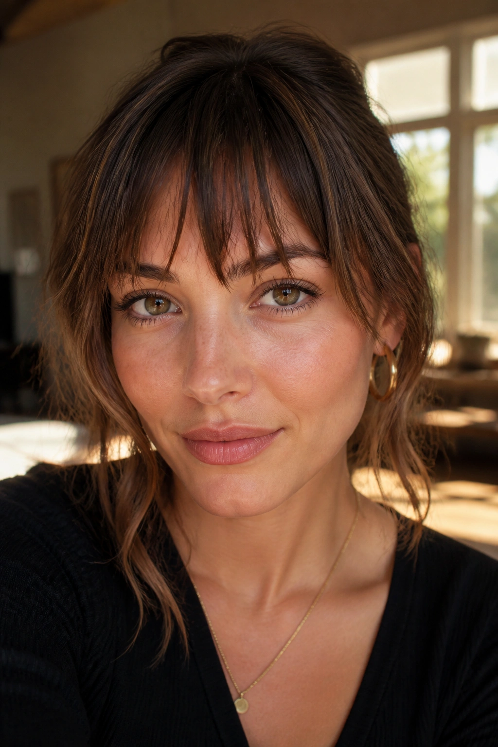 Close-up of a real woman with choppy piecey bangs in warm window light