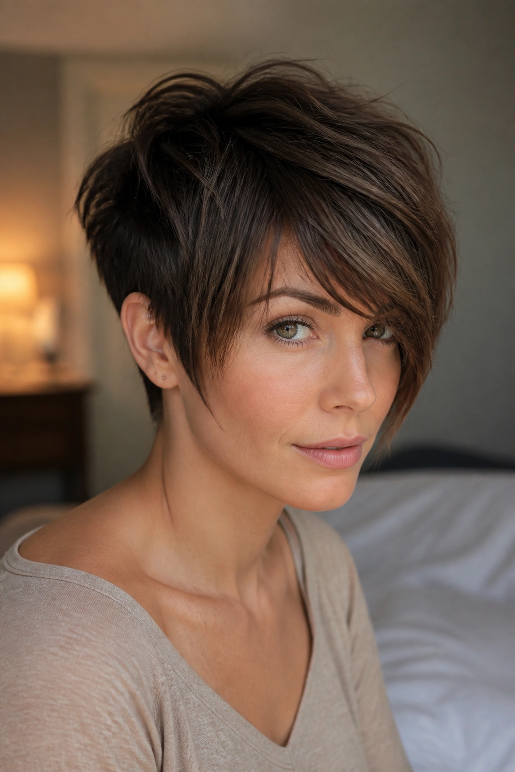 Close-up of a real woman with a thick pixie cut and choppy side-swept fringe