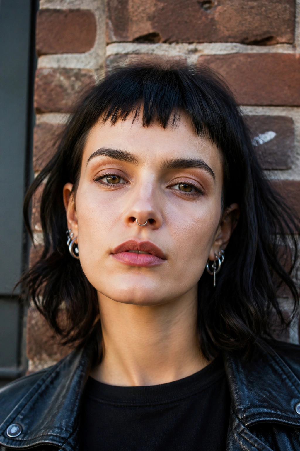 Close-up of a real woman with choppy uneven micro fringe against a brick wall backdrop