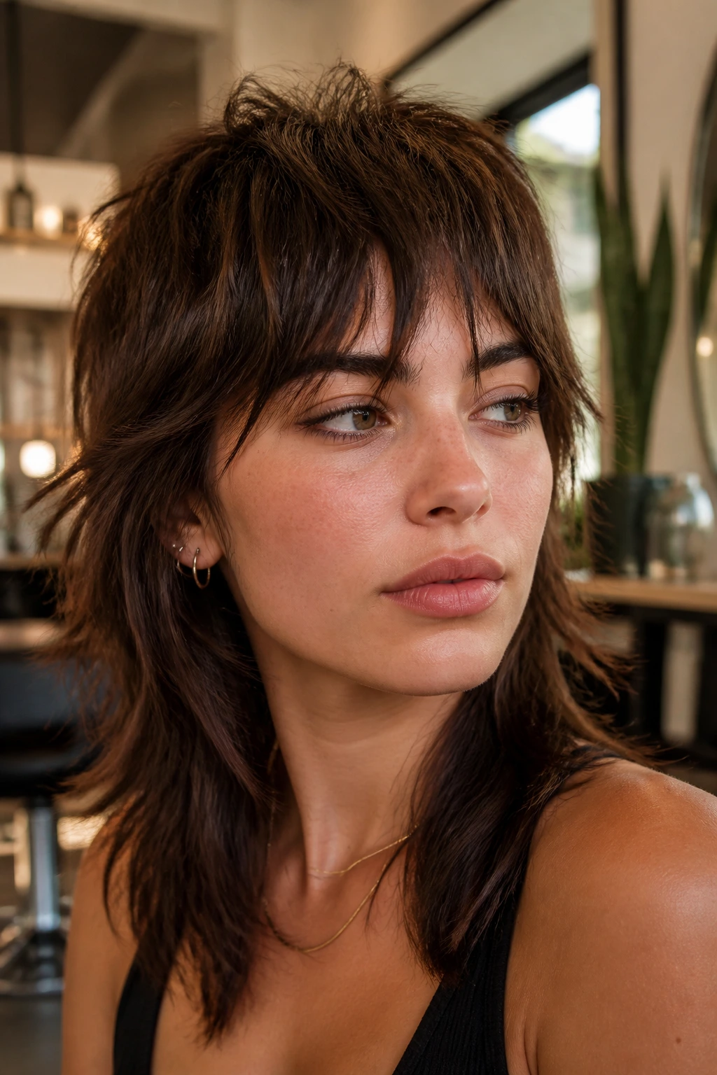 Close-up of a real woman with choppy fringe and wolf cut in a warm salon setting