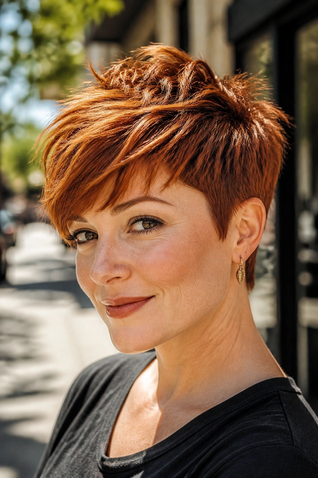 Close-up of a real woman with a textured choppy ginger pixie for thick hair outdoors