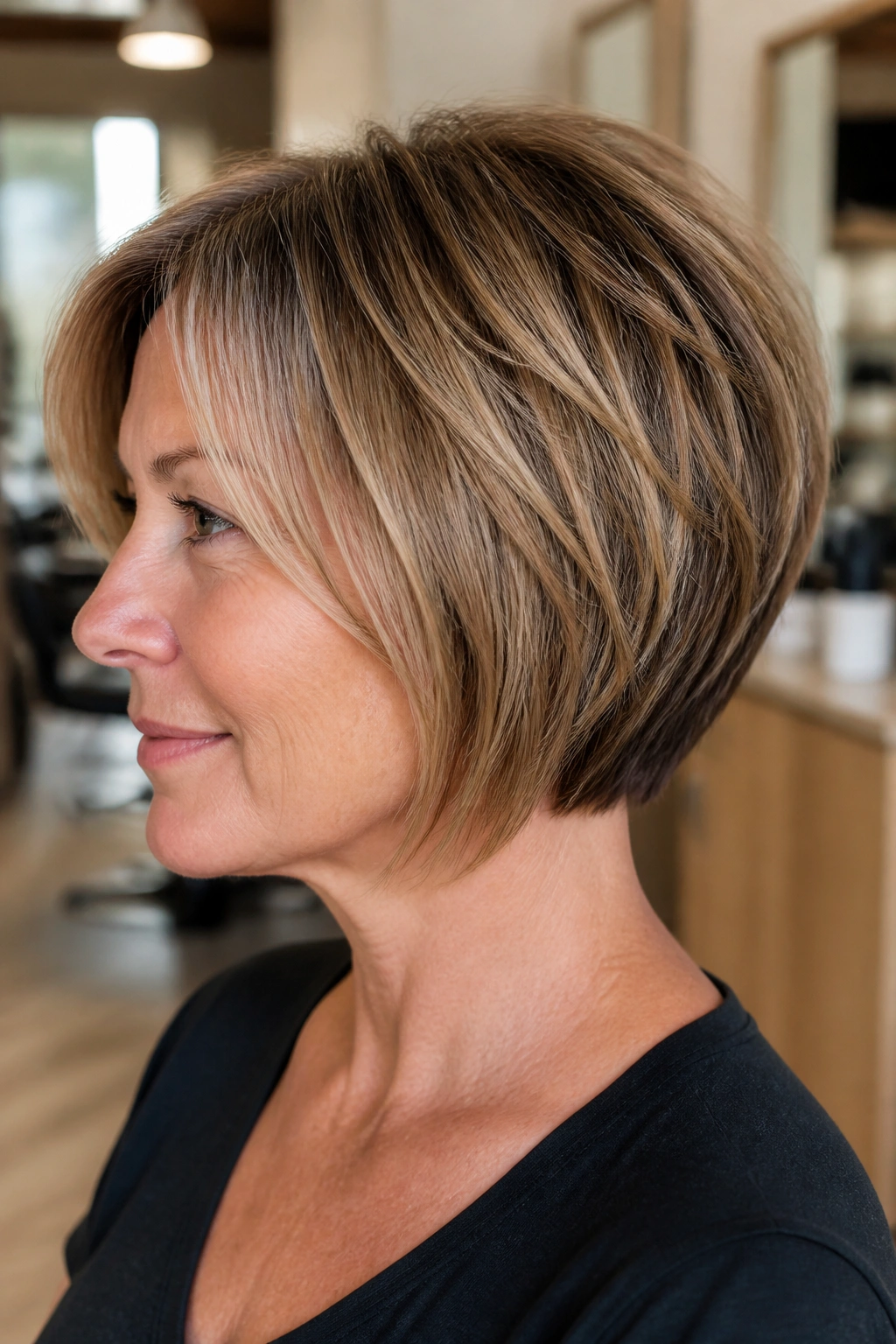 Close-up portrait of a real woman with choppy graduated bob showing crown texture