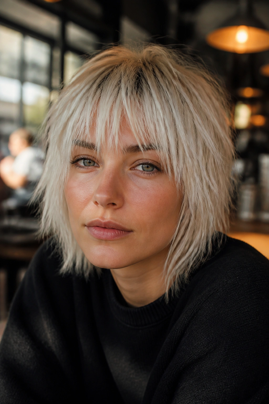 Close-up of a real woman with choppy icy blonde bangs