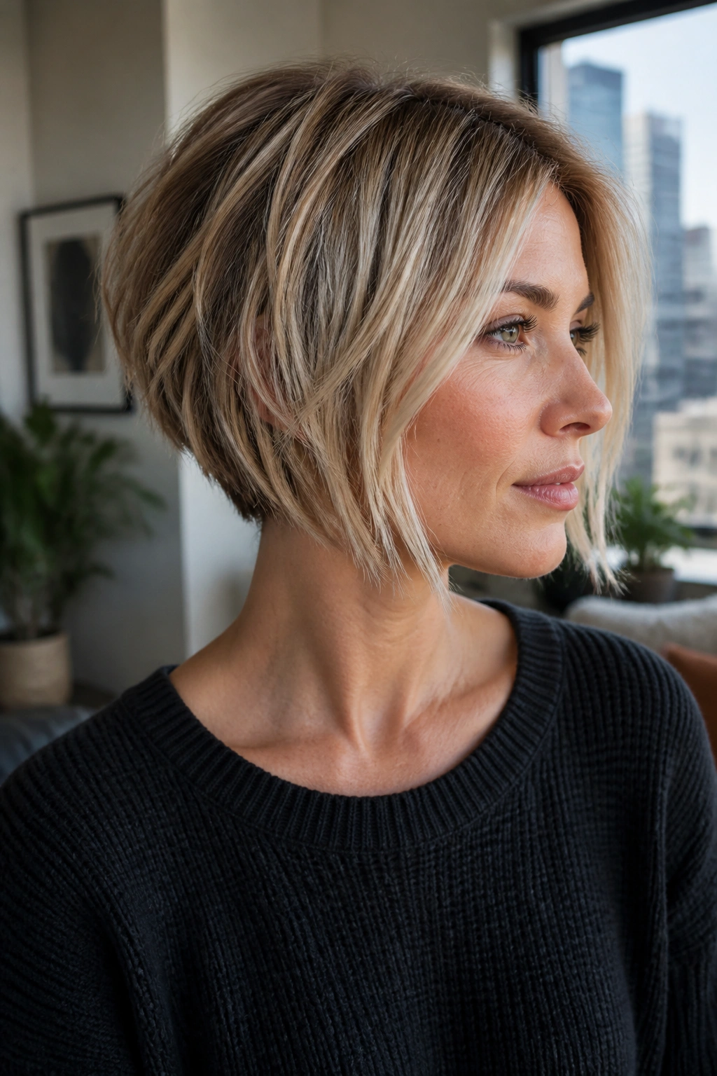 Close-up portrait of a real woman with Choppy Inverted Bob with Piecey Ends in a cozy apartment light.