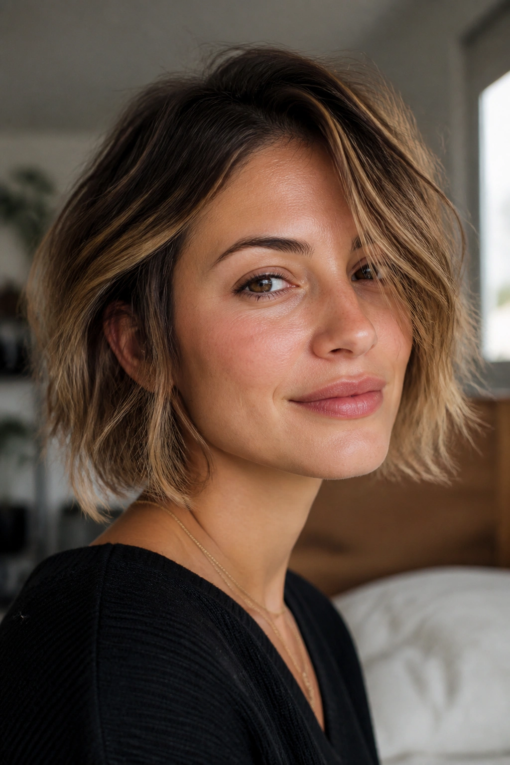 Close-up of a real woman with a choppy jaw-length bob on a round face, lit by natural window light