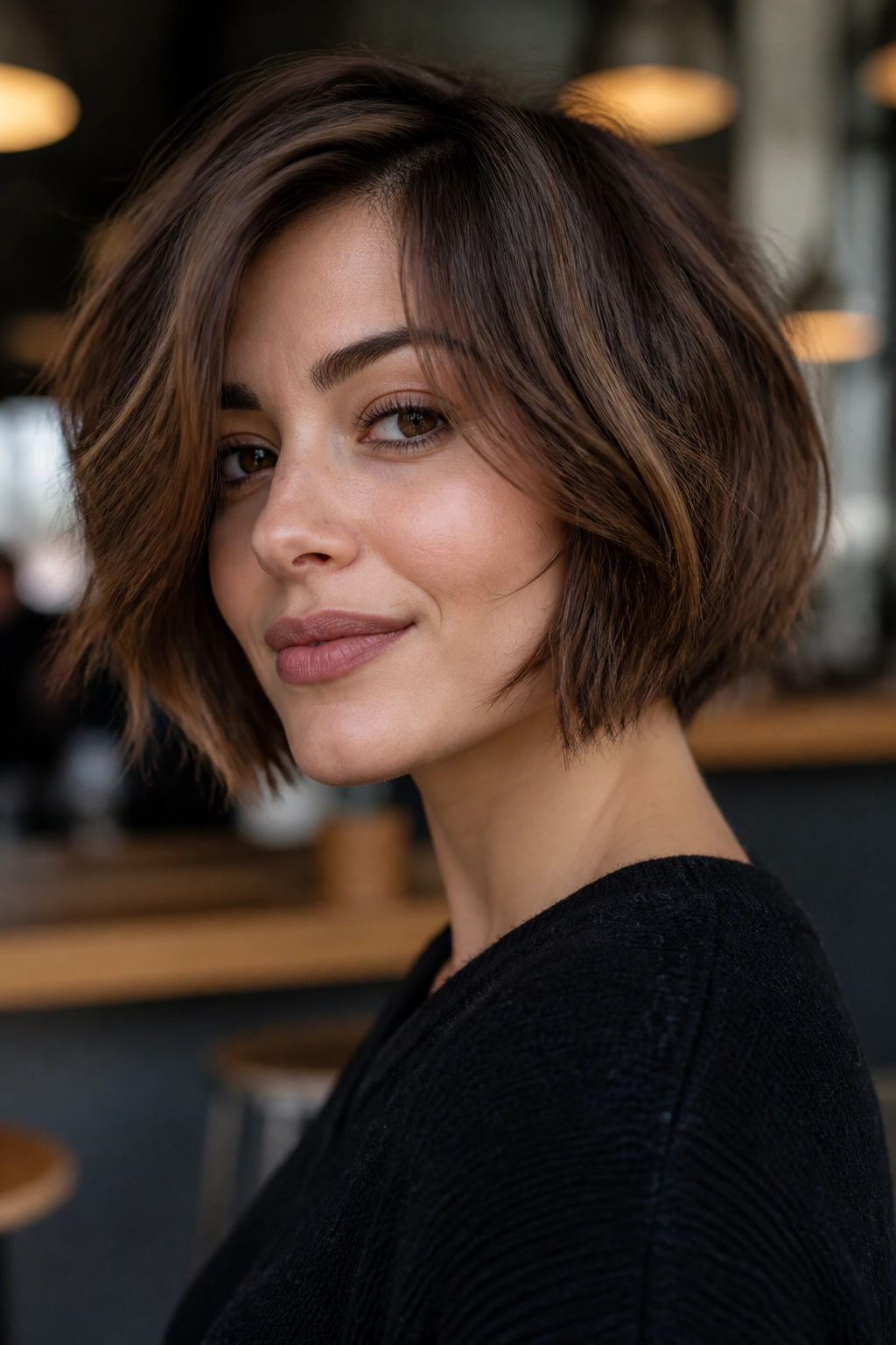 Real person sporting a choppy layered bob with textured ends and movement