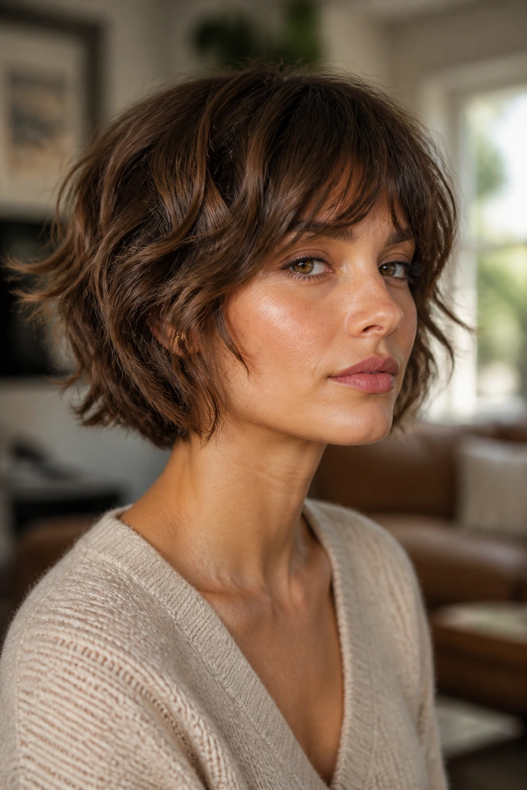 Close-up portrait of a real woman with a choppy layered bob showing textured ends and lifted crown