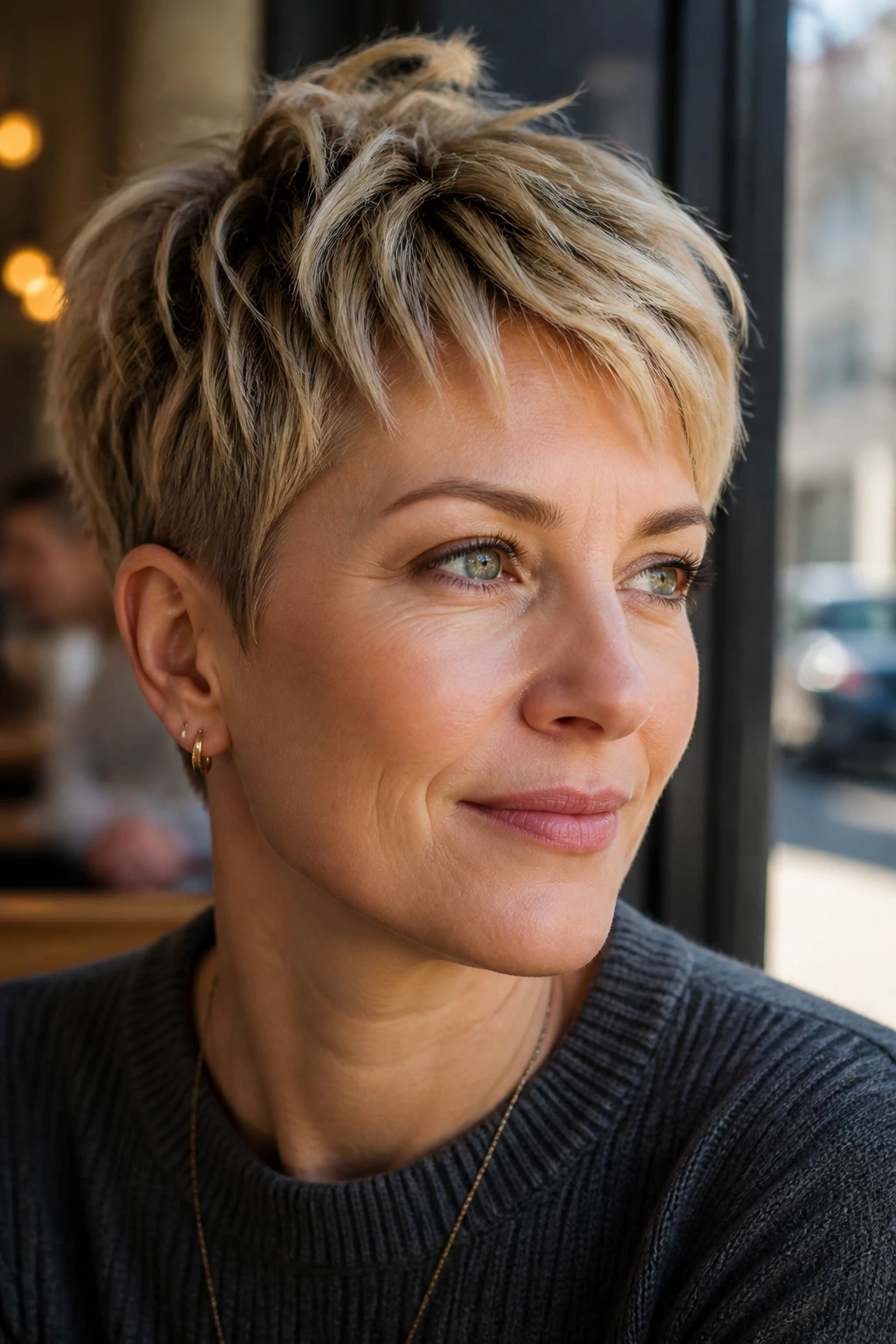 Portrait of a woman with a choppy layered pixie in cafe window light